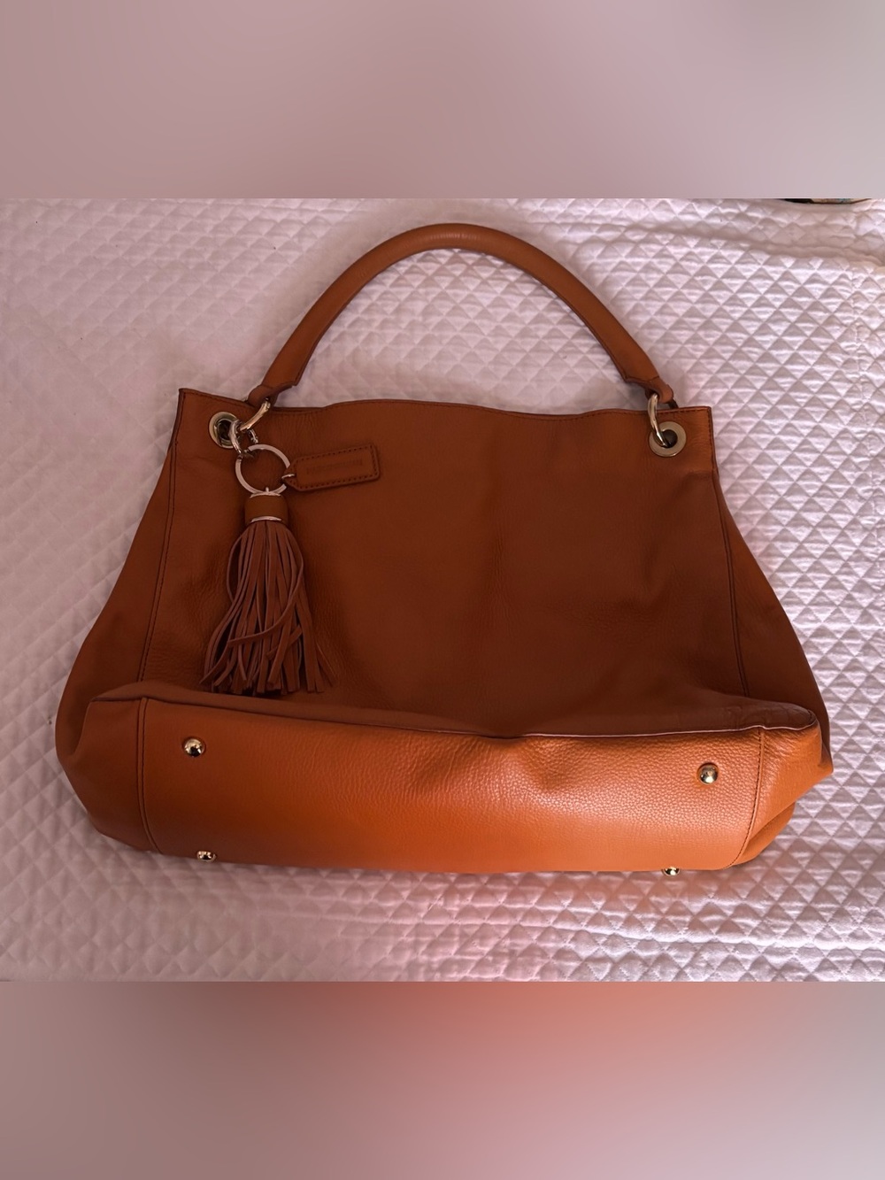 Mark & Graham Cognac Leather Shoulder Bag with Tassel & Gold Hardware.